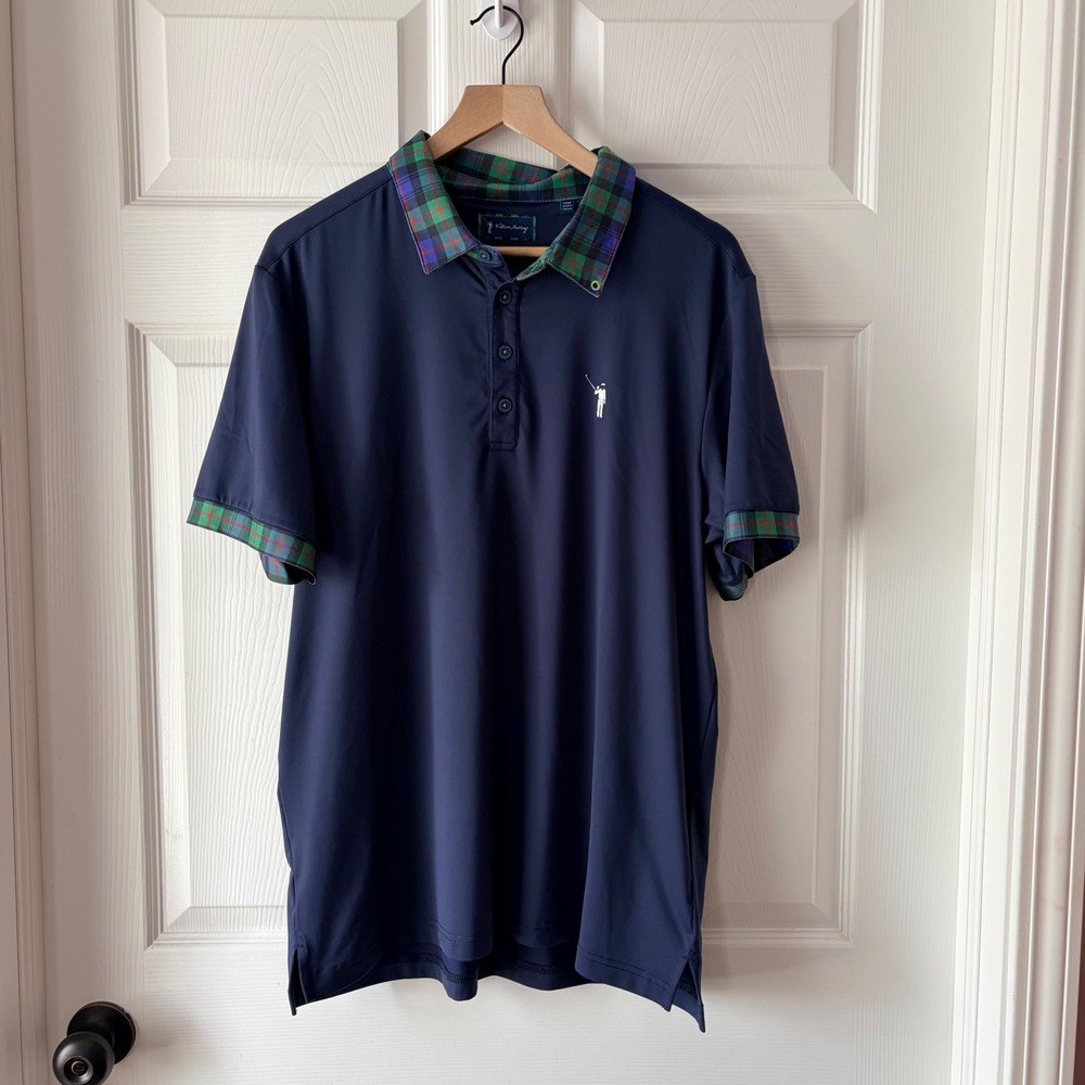 William Murray Mens Navy Blue Plaid Trim Golf Polo Shirt Size Large